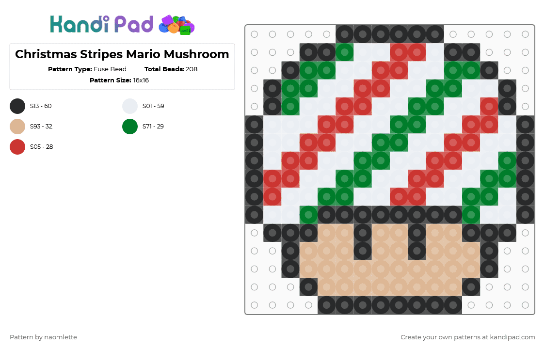 Christmas Stripes Mario Mushroom - Fuse Bead Pattern by naomlette on Kandi Pad - green,beige