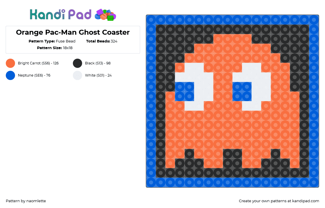 Orange Pac-Man Ghost Coaster - Fuse Bead Pattern by naomlette on Kandi Pad - clyde,pacman,namco,ghost,arcade,retro,video game,classic,coaster,black,blue,orange