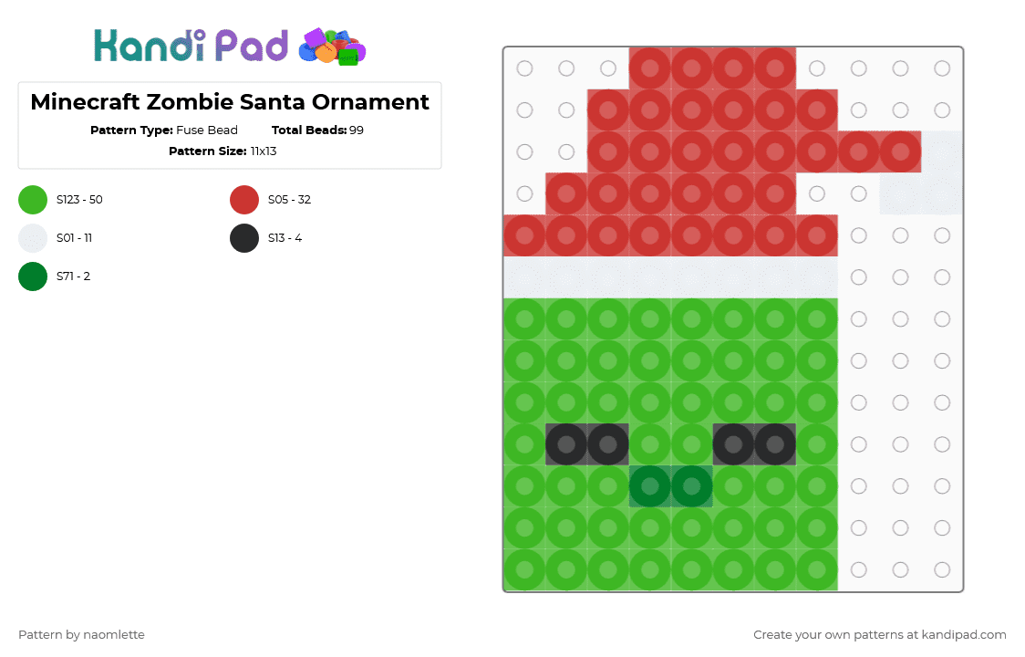 Minecraft Zombie Santa Ornament - Fuse Bead Pattern by naomlette on Kandi Pad - red,green,christmas
