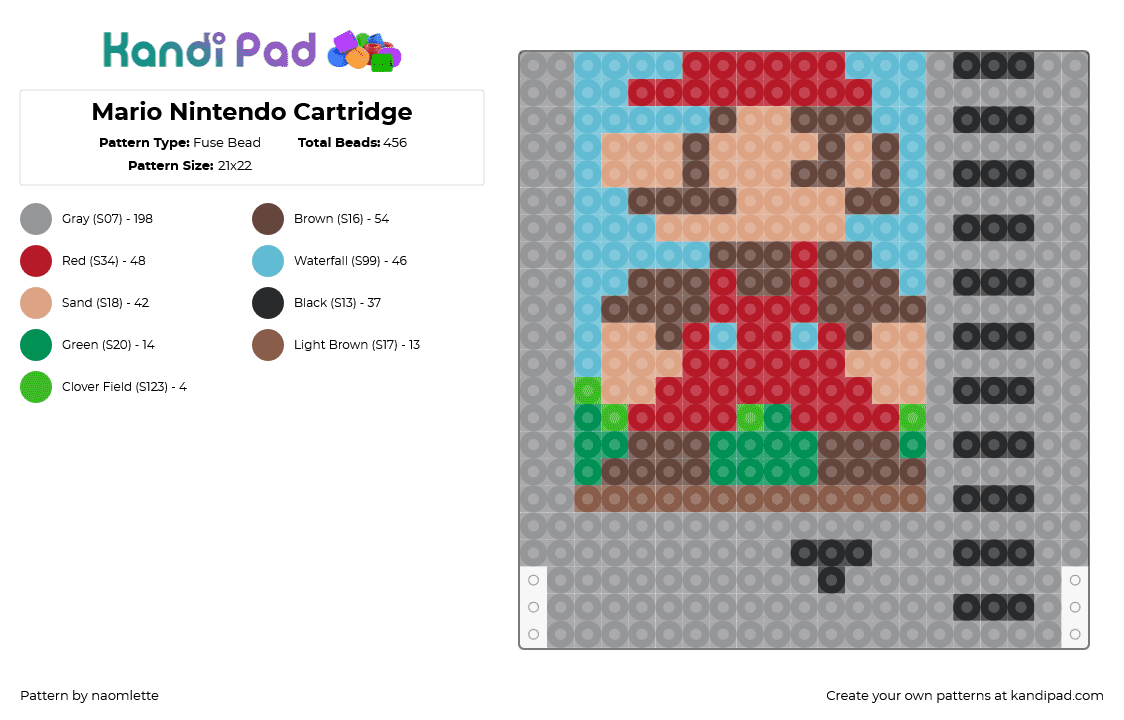 Mario Nintendo Cartridge - Fuse Bead Pattern by naomlette on Kandi Pad - nes,mario,nintendo,video game,cartridge,classic,nostalgia,retro,gray,red