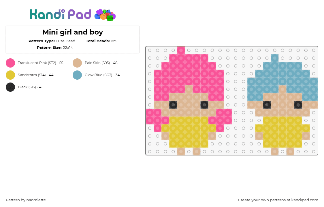 Mini girl and boy - Fuse Bead Pattern by naomlette on Kandi Pad - girl,boy,people,small,characters,simple,cute,yellow,pink,blue,tan