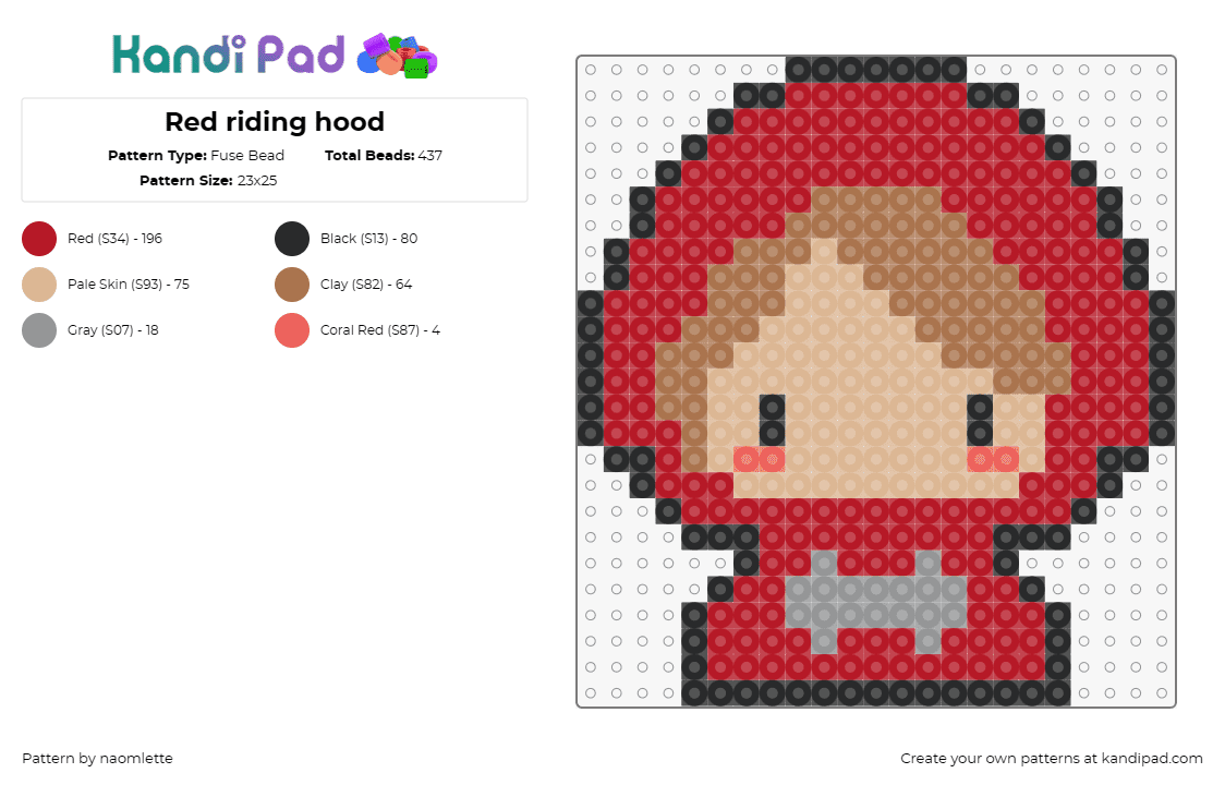 Red riding hood - Fuse Bead Pattern by naomlette on Kandi Pad - little red riding hood,fairy tale,story,character,chibi,cute,simple,red,tan