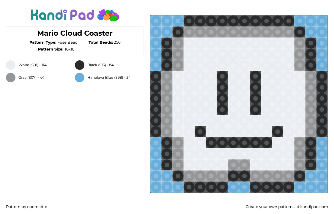 Mario Cloud Coaster - Fuse Bead Pattern by naomlette on Kandi Pad - cloud,mario,nintendo,coaster,video game,face,smile,white,light blue