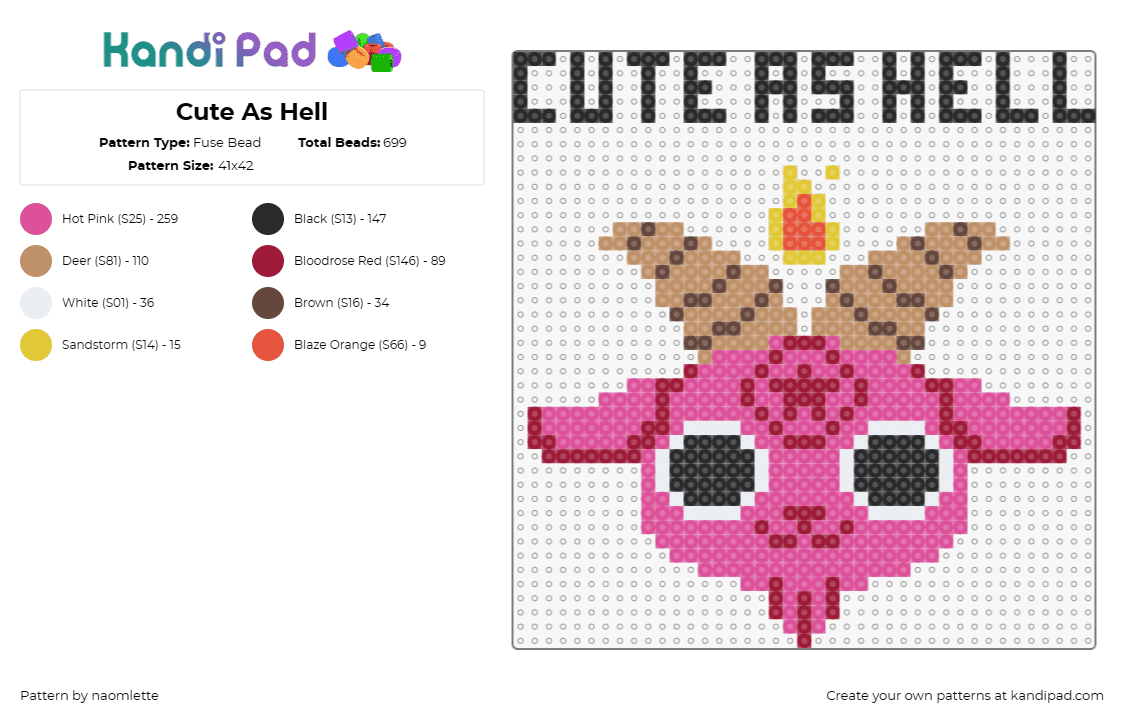 Cute As Hell - Fuse Bead Pattern by naomlette on Kandi Pad - goat,satan,cute,text,devil,fiery,smile,eyes,horns,animal,pink