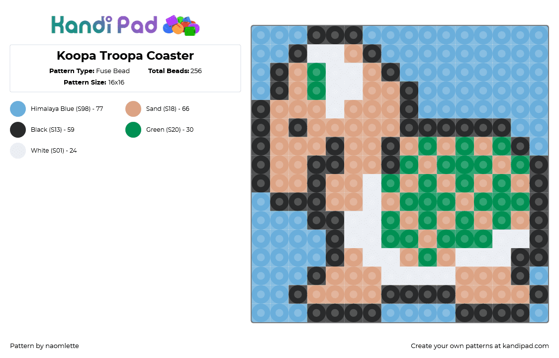 Koopa Troopa Coaster - Fuse Bead Pattern by naomlette on Kandi Pad - koopa troopa,mario,coaster,turtle,nintendo,character,tan,green,light blue