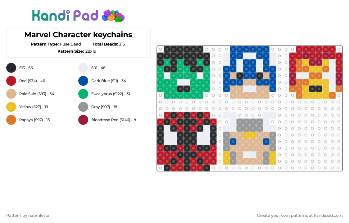 Marvel Character keychains - Fuse Bead Pattern by naomlette on Kandi Pad - green,blue,beige,red,marvel,mcu,comics