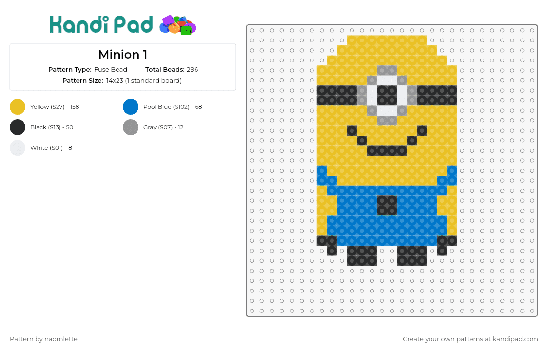 Minion 1 - Fuse Bead Pattern by naomlette on Kandi Pad - minion,despicable me,cyclops,character,cute,smile,overalls,movie,disney,yellow,blue