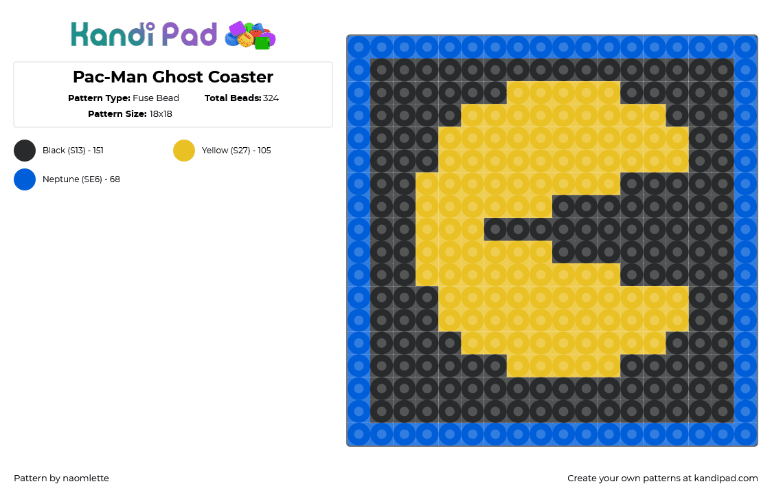 Pac-Man Coaster - Fuse Bead Pattern by naomlette on Kandi Pad - pacman,namco,arcade,retro,video game,classic,coaster,yellow,black,blue