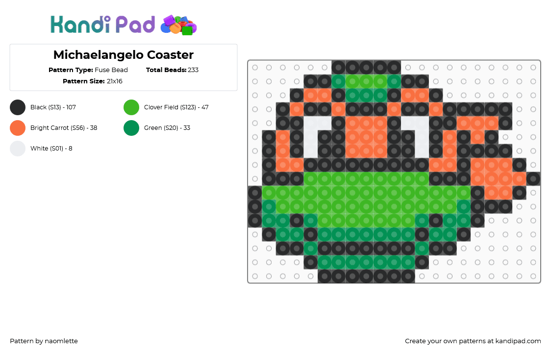 Michaelangelo Coaster - Fuse Bead Pattern by naomlette on Kandi Pad - michelangelo,tmnt,teenage mutant ninja turtle,coaster,head,character,green,orange