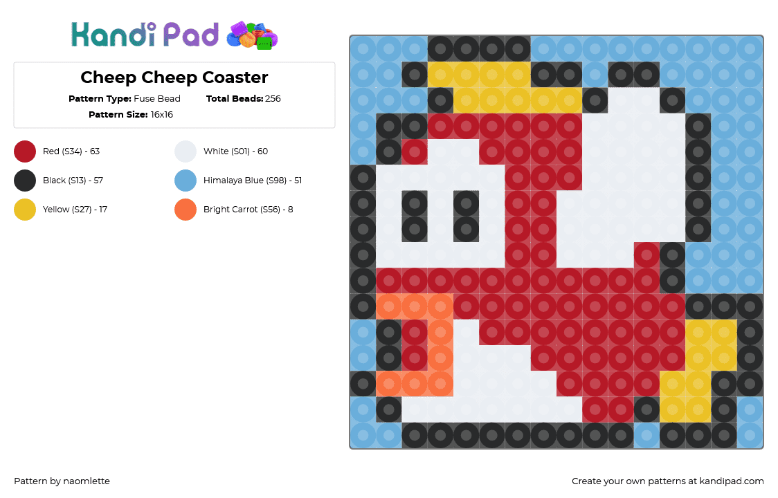 Cheep Cheep Coaster - Fuse Bead Pattern by naomlette on Kandi Pad - cheep cheep,mario,nintendo,coaster,video game,light blue,red,white