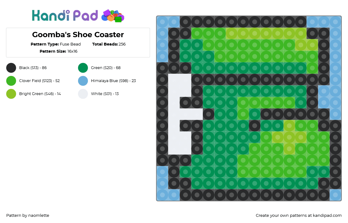 Goomba\'s Shoe Coaster - Fuse Bead Pattern by naomlette on Kandi Pad - shoe,goomba,mario,coaster,nintendo,green,light blue
