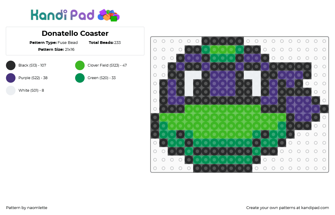 Donatello Coaster - Fuse Bead Pattern by naomlette on Kandi Pad - donatello,tmnt,teenage mutant ninja turtle,coaster,head,character,green,purple