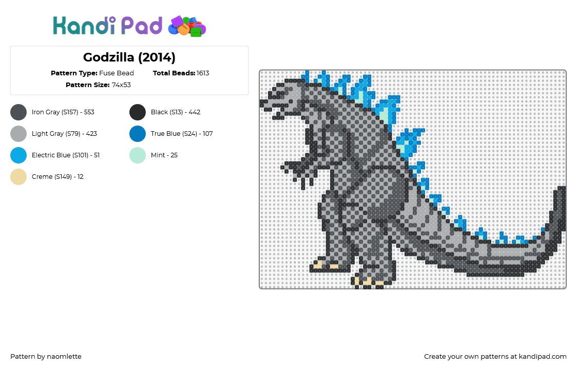 Godzilla (2014) - Fuse Bead Pattern by naomlette on Kandi Pad - godzilla,gojira,monster,dinosaur,dragon,character,lizard,movie,classic,gray,blue