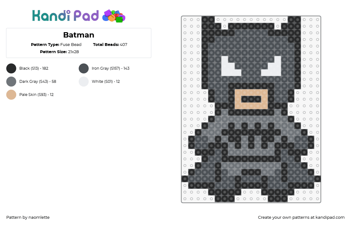 Batman - Fuse Bead Pattern by naomlette on Kandi Pad - batman,dark knight,superhero,chibi,dc,comic,character,black,gray