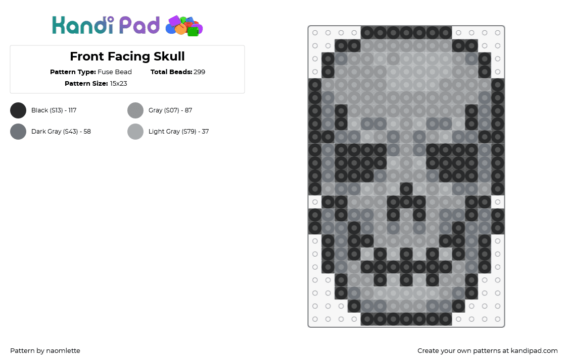 Front Facing Skull - Fuse Bead Pattern by naomlette on Kandi Pad - skull,head,face,spooky,creepy,halloween,dark,gray