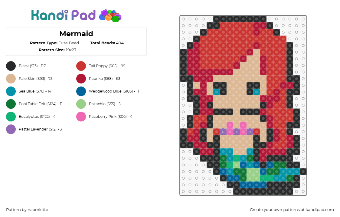 Mermaid - Fuse Bead Pattern by naomlette on Kandi Pad - ariel,little mermaid,disney,princess,character,chibi,cute,red,tan,teal