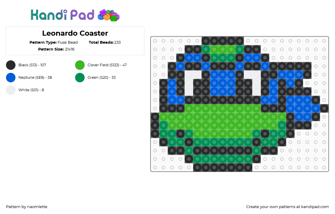 Leonardo Coaster - Fuse Bead Pattern by naomlette on Kandi Pad - leonardo,tmnt,teenage mutant ninja turtle,coaster,head,character,green,blue