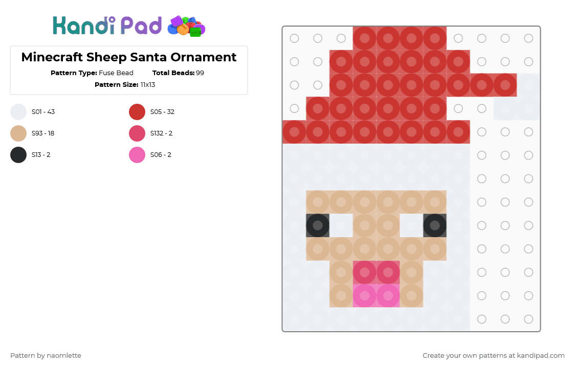 Minecraft Sheep Santa Ornament - Fuse Bead Pattern by naomlette on Kandi Pad - red,beige,christmas