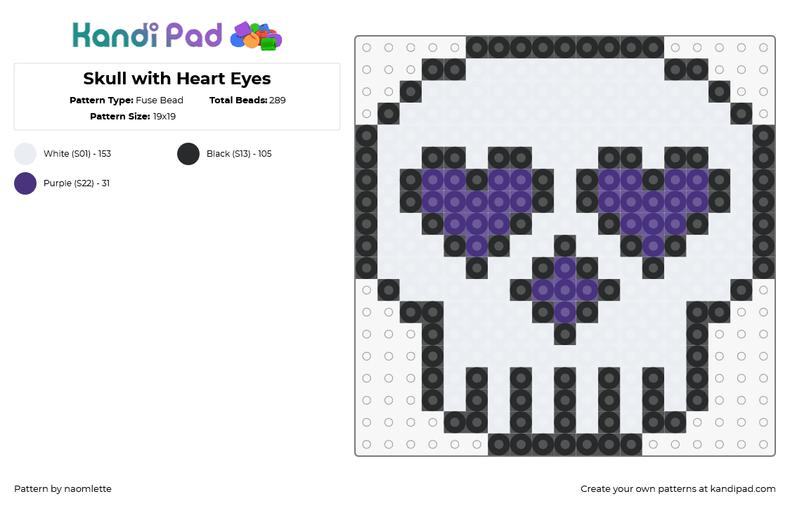 Skull with Heart Eyes - Fuse Bead Pattern by naomlette on Kandi Pad - skull,hearts,spooky,halloween,charm,simple,purple,white