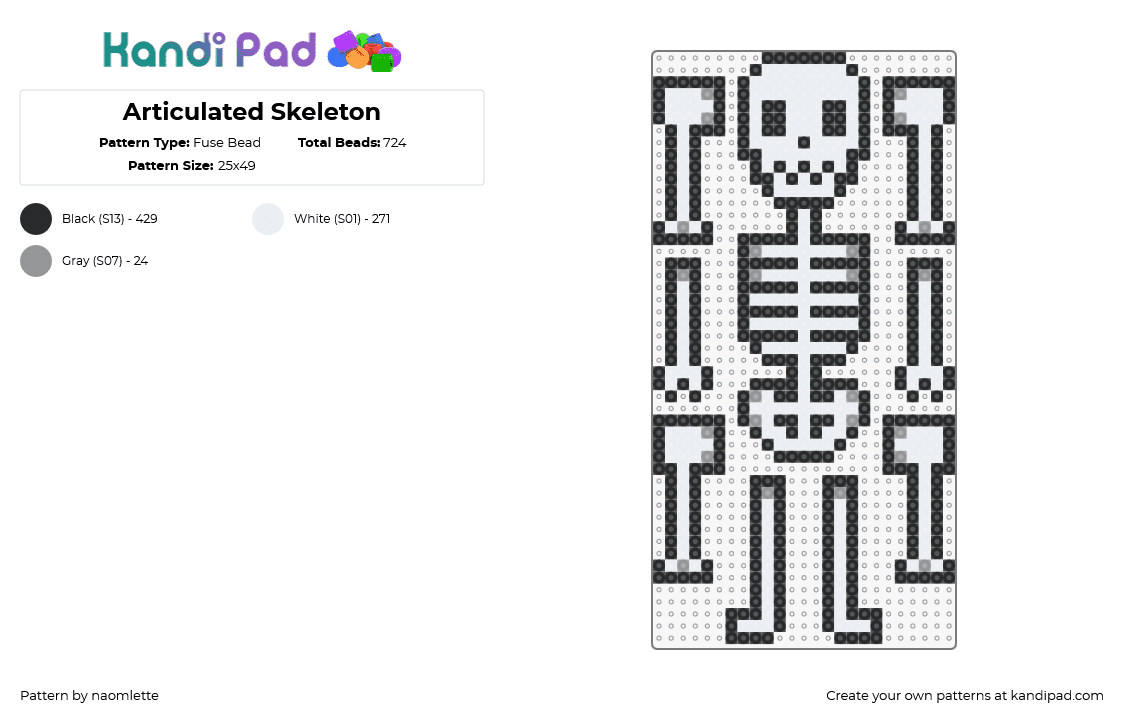 Articulated Skeleton - Fuse Bead Pattern by naomlette on Kandi Pad - skeleton,bones,3d,spooky,halloween,puzzle,white