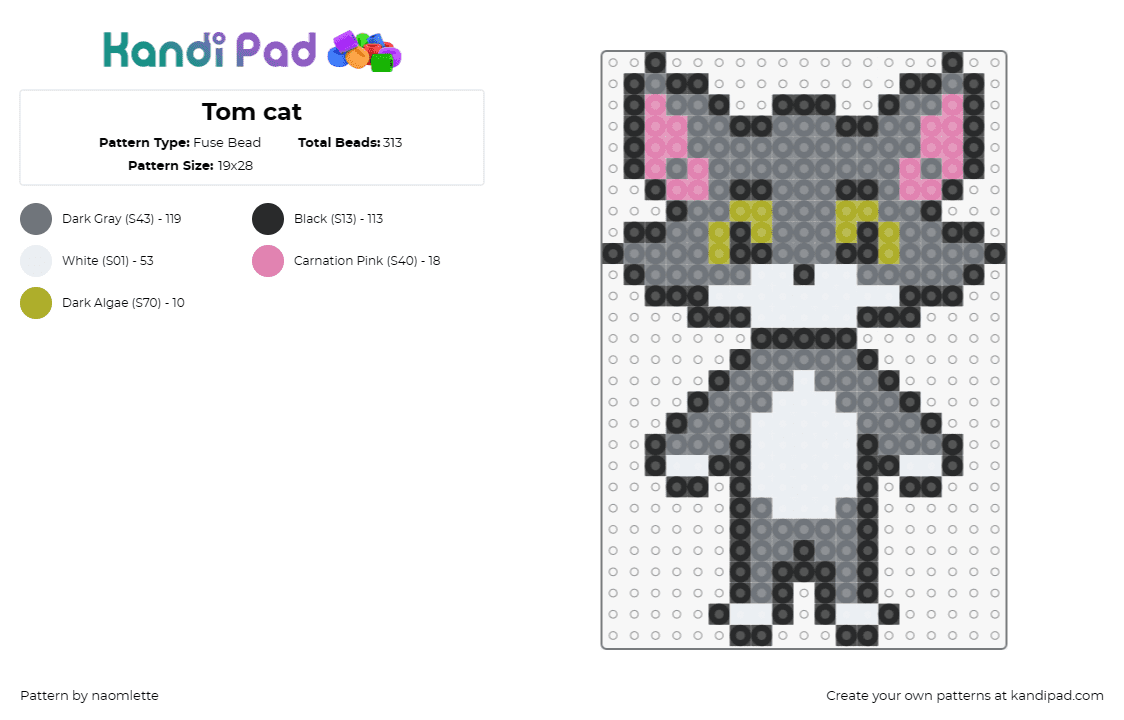 Tom cat - Fuse Bead Pattern by naomlette on Kandi Pad - tom,jerry,cat,cartoon,classic,nostalgia,character,gray,white