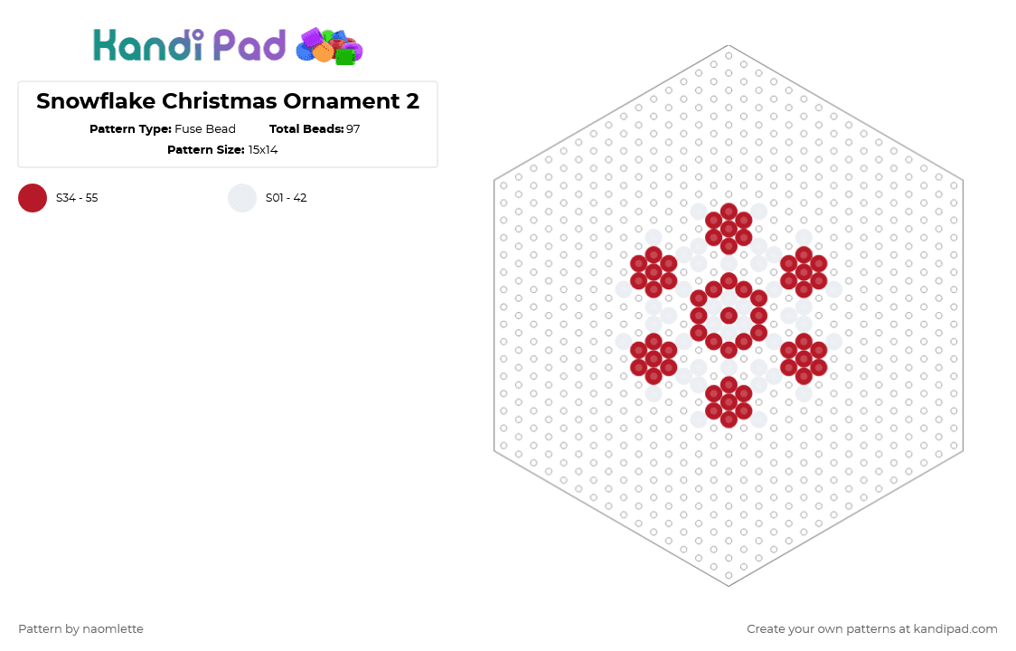 Snowflake Christmas Ornament 2 - Fuse Bead Pattern by naomlette on Kandi Pad - red,white,christmas