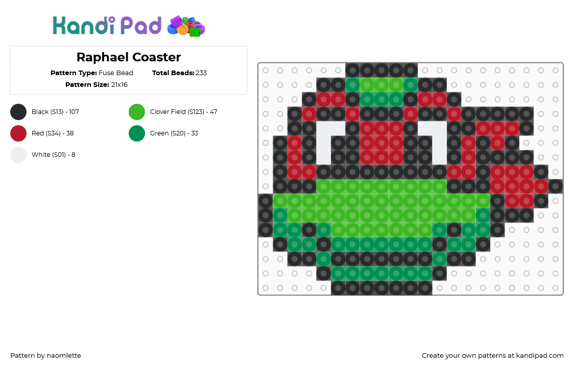 Raphael Coaster - Fuse Bead Pattern by naomlette on Kandi Pad - raphael,tmnt,teenage mutant ninja turtle,coaster,head,character,green,red