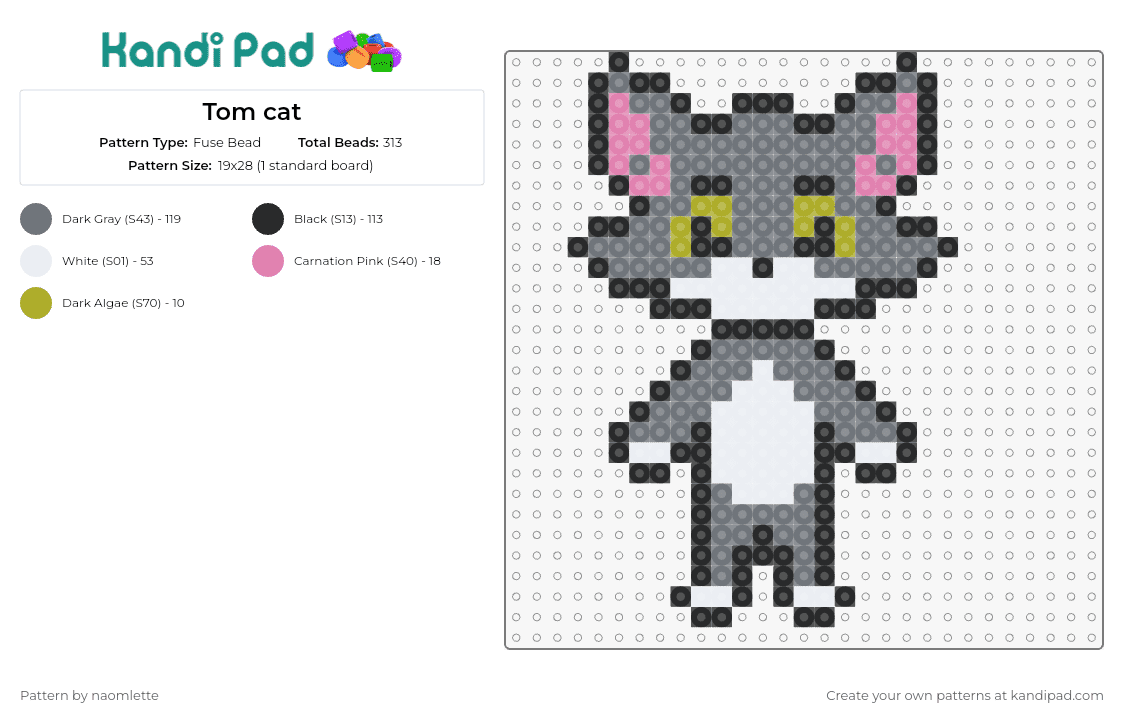 Tom cat - Fuse Bead Pattern by naomlette on Kandi Pad - tom,jerry,cat,cartoon,classic,nostalgia,character,gray,white