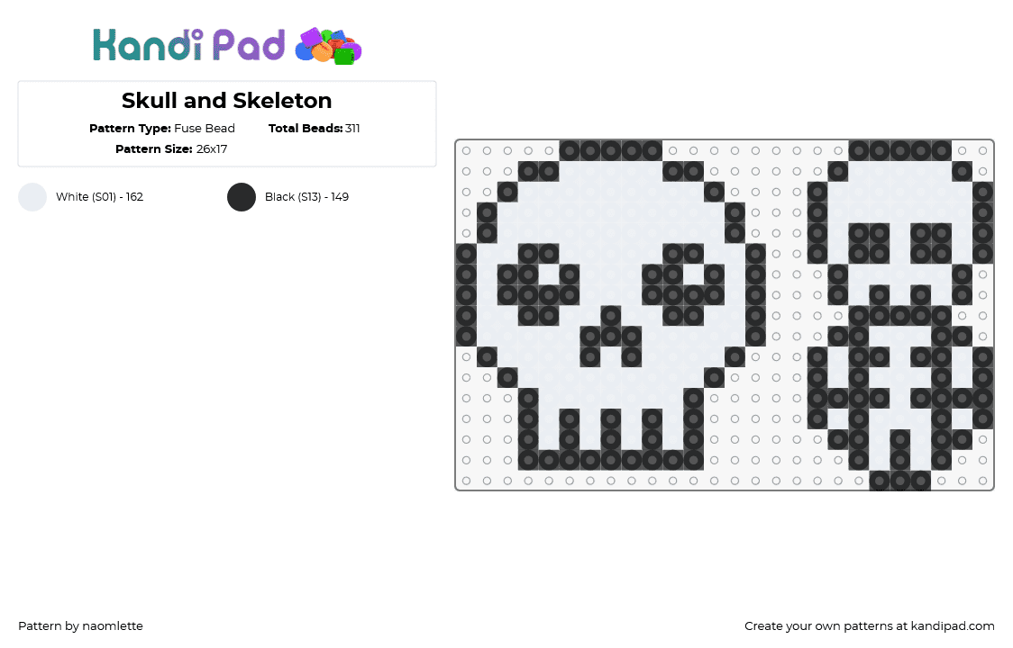 Skull and Skeleton - Fuse Bead Pattern by naomlette on Kandi Pad - skull,skeleton,spooky,halloween,charms,black,white