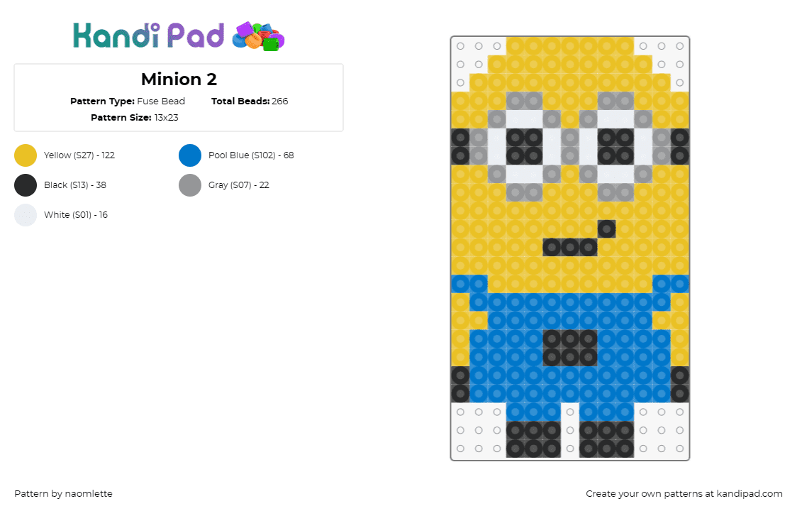 Minion 2 - Fuse Bead Pattern by naomlette on Kandi Pad - minion,despicable me,character,cute,smile,overalls,movie,disney,yellow,blue