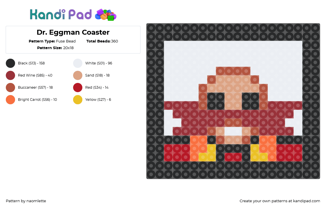 Dr. Eggman Coaster - Fuse Bead Pattern by naomlette on Kandi Pad - dr eggman,sonic the hedgehog,sega,video game,coaster,black,red,white