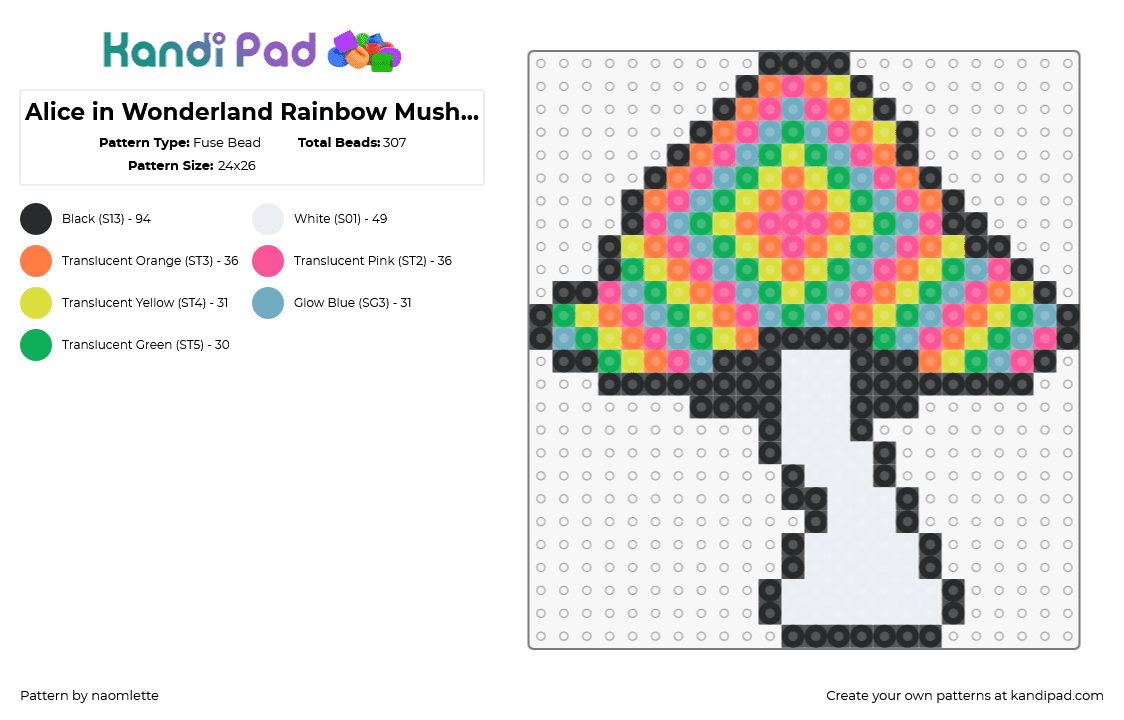 Alice in Wonderland Rainbow Mushroom - Fuse Bead Pattern by naomlette on Kandi Pad - psychedelic,mushrom,alice in wonderland,trippy,colorful,white,pink,yellow