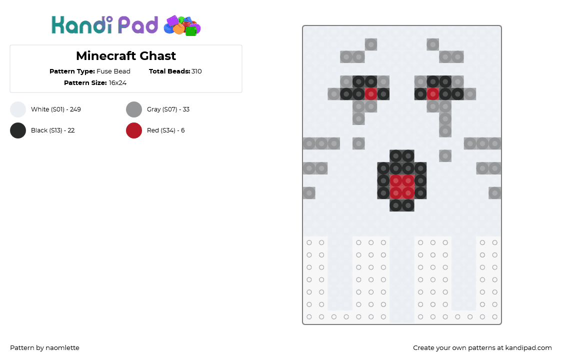 Minecraft Ghast - Fuse Bead Pattern by naomlette on Kandi Pad - ghast,minecraft,spooky,video game,character,block,white