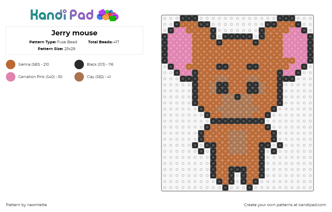 Jerry mouse - Fuse Bead Pattern by naomlette on Kandi Pad - jerry,tom,mouse,cartoon,classic,nostalgia,character,brown,pink