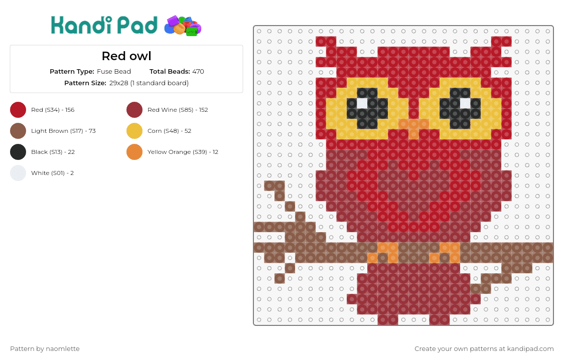 Red owl - Fuse Bead Pattern by naomlette on Kandi Pad - owl,bird,animal,branch,cute,eyes,red,yellow,brown