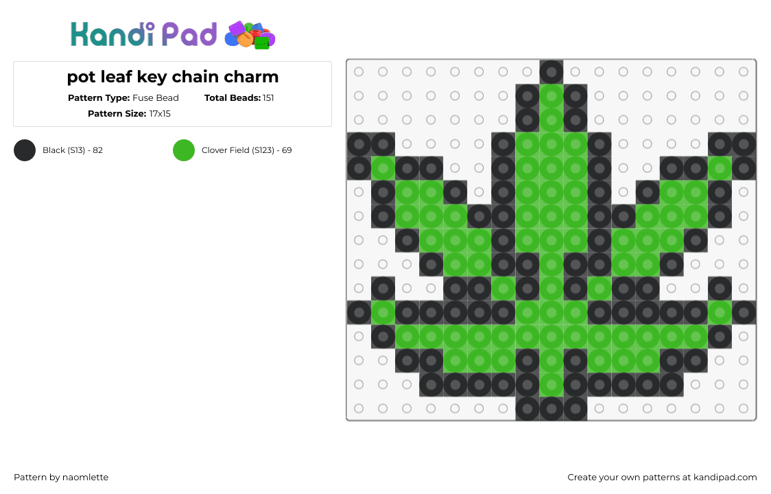 pot leaf key chain charm - Fuse Bead Pattern by naomlette on Kandi Pad - marijuana,leaf,pot,weed,nsfw,green