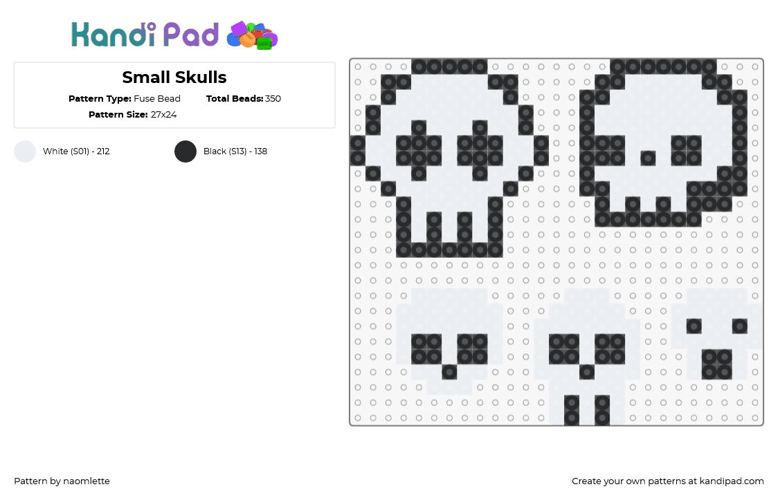 Small Skulls - Fuse Bead Pattern by naomlette on Kandi Pad - skulls,skeleton,keychains,spooky,halloween,charms,black,white