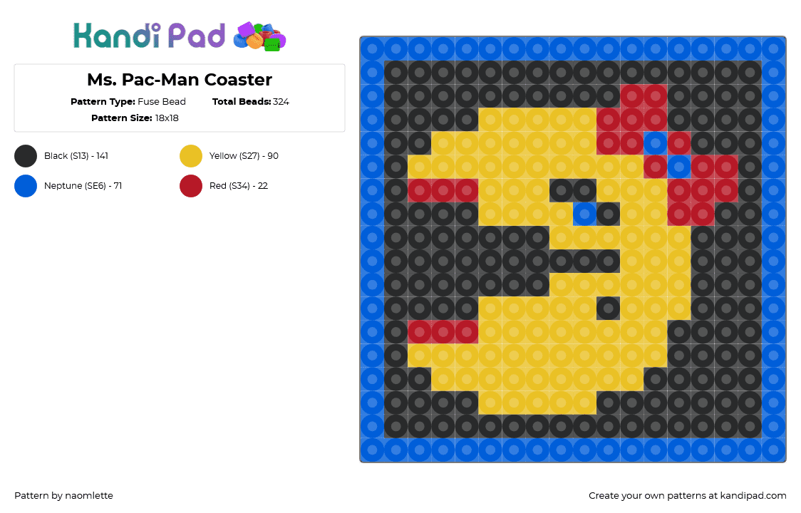 Ms. Pac-Man Coaster - Fuse Bead Pattern by naomlette on Kandi Pad - ms pacman,namco,arcade,retro,video game,classic,coaster,yellow,black,blue