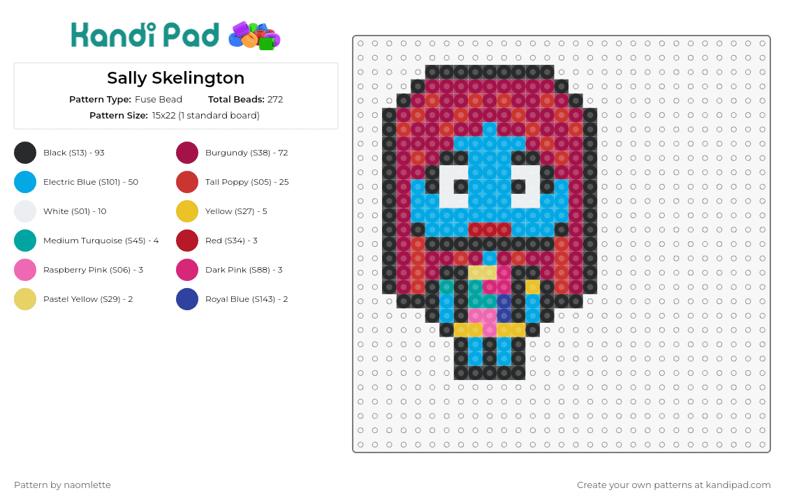 Sally Skelington - Fuse Bead Pattern by naomlette on Kandi Pad - sally,nightmare before christmas,character,halloween,chibi,movie,cute,colorful,red,blue