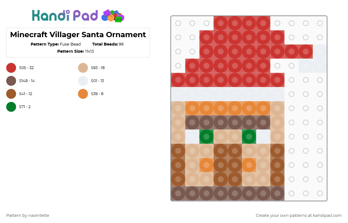 Minecraft Villager Santa Ornament - Fuse Bead Pattern by naomlette on Kandi Pad - red,beige,tan,christmas