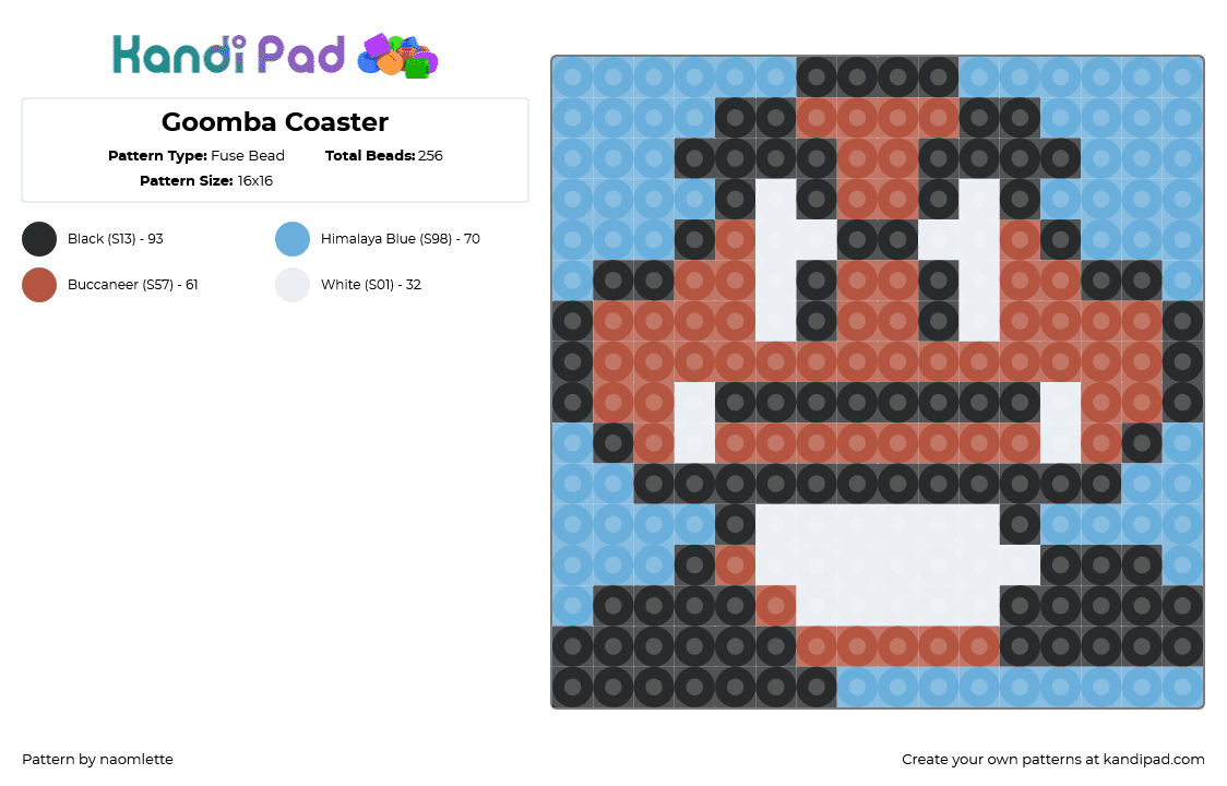 Goomba Coaster - Fuse Bead Pattern by naomlette on Kandi Pad - goomba,mario,coaster,nintendo,character,brown,light blue