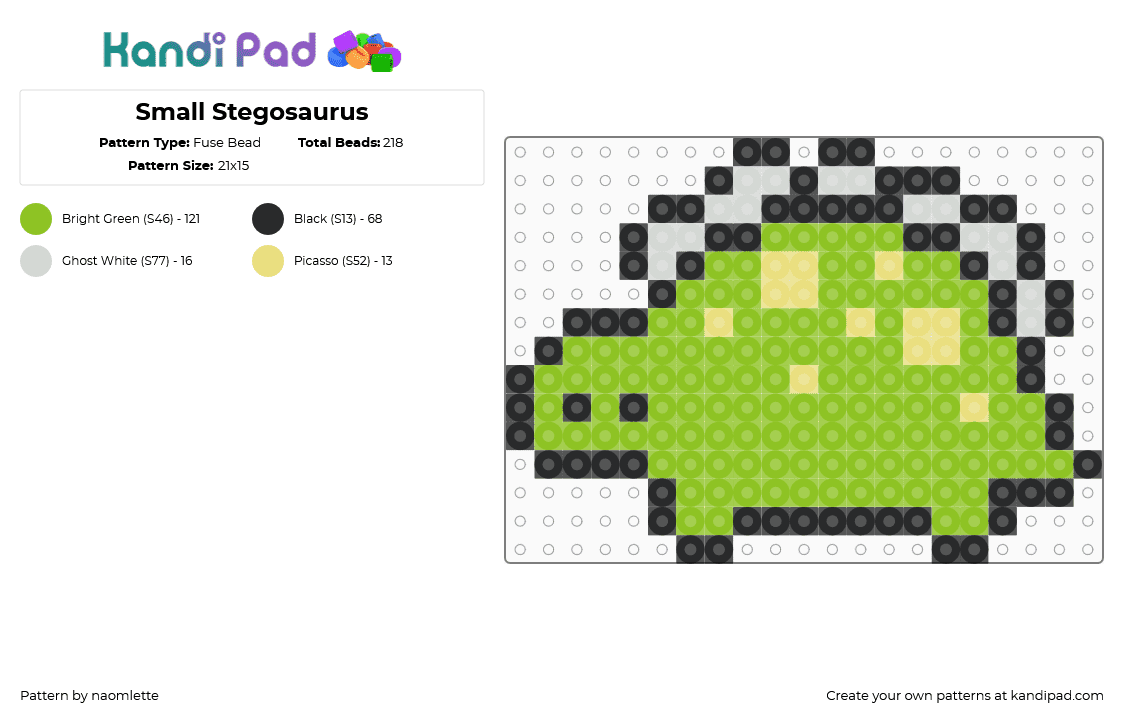 Small Stegosaurus - Fuse Bead Pattern by naomlette on Kandi Pad - stegosaurus,dinosaur,cute,charm,prehistoric,green