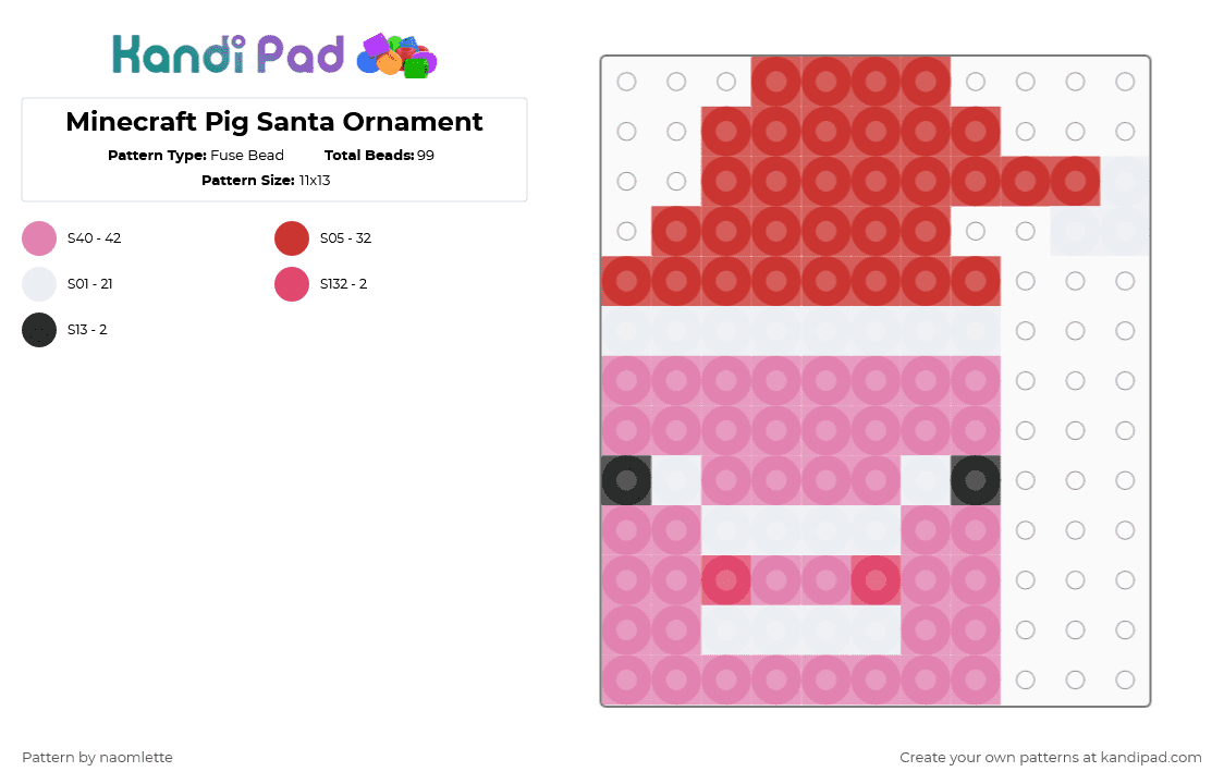 Minecraft Pig Santa Ornament - Fuse Bead Pattern by naomlette on Kandi Pad - red,pink,christmas