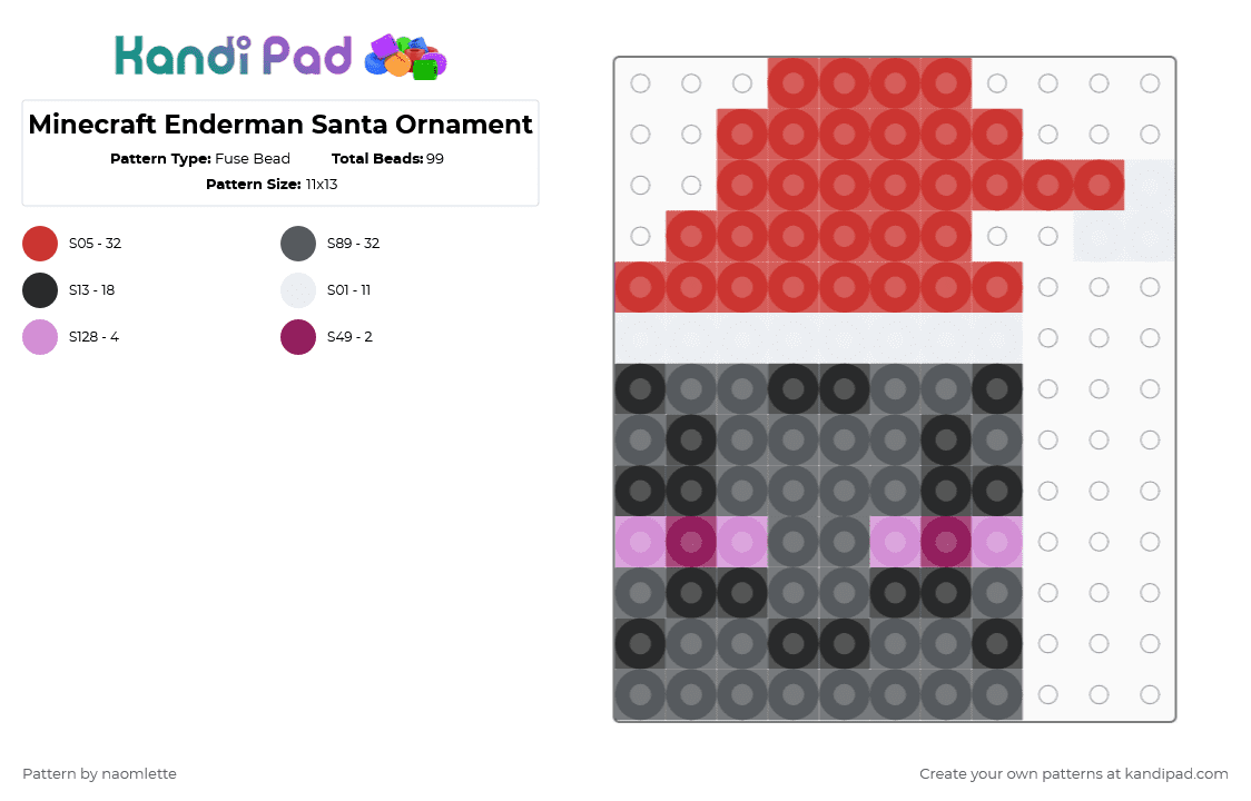 Minecraft Enderman Santa Ornament - Fuse Bead Pattern by naomlette on Kandi Pad - red,gray,christmas