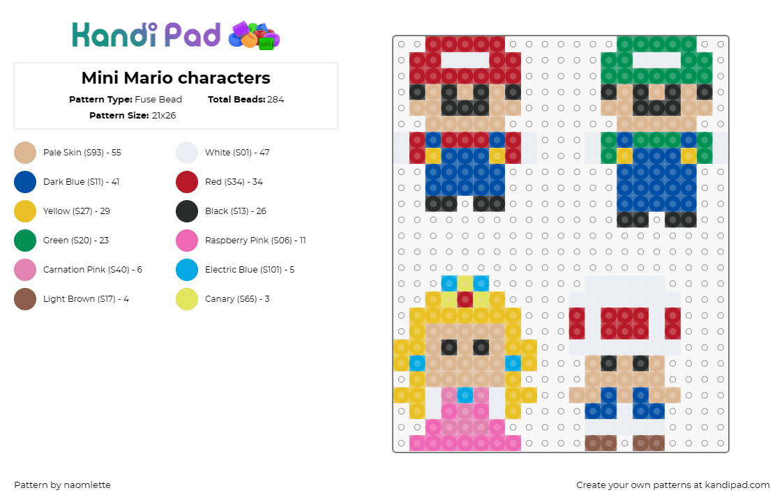 Mini Mario characters - Fuse Bead Pattern by naomlette on Kandi Pad - mario,luigi,peach,toad,nintendo,characters,princess,simple,video game,classic,co