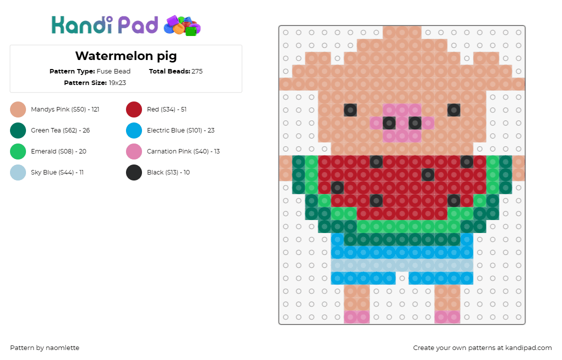 Watermelon pig - Fuse Bead Pattern by naomlette on Kandi Pad - pig,watermelon,fruit,animal,character,cute,funny,summer,food,red,green,pink