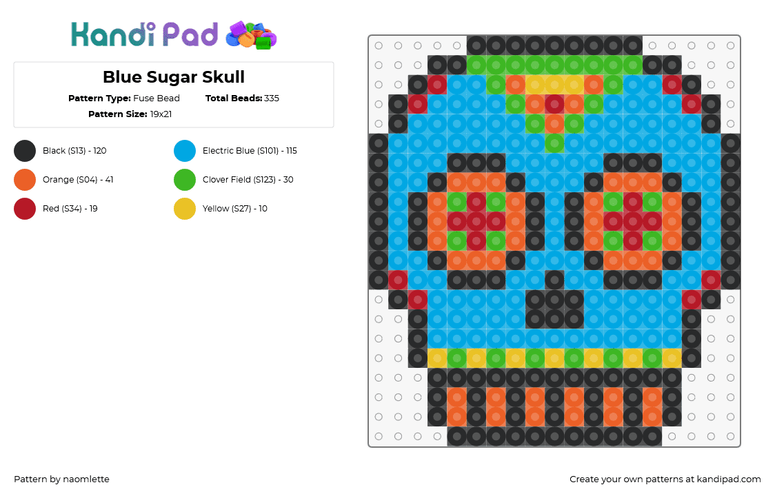 Blue Sugar Skull - Fuse Bead Pattern by naomlette on Kandi Pad - calavera,sugar skull,dia de los muertos,day of the dead,colorful,festival,charm,colorful,spooky,light blue,orange,green