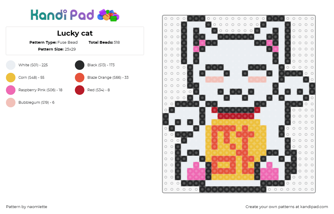 Lucky cat - Fuse Bead Pattern by naomlette on Kandi Pad - maneki neko,lucky cat,japanese,cute,smile,animal,white,yellow