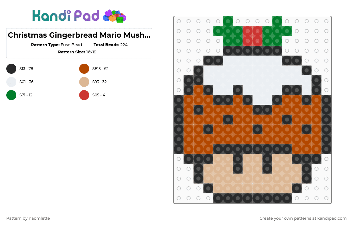 Christmas Gingerbread Mario Mushroom - Fuse Bead Pattern by naomlette on Kandi Pad - red,christmas