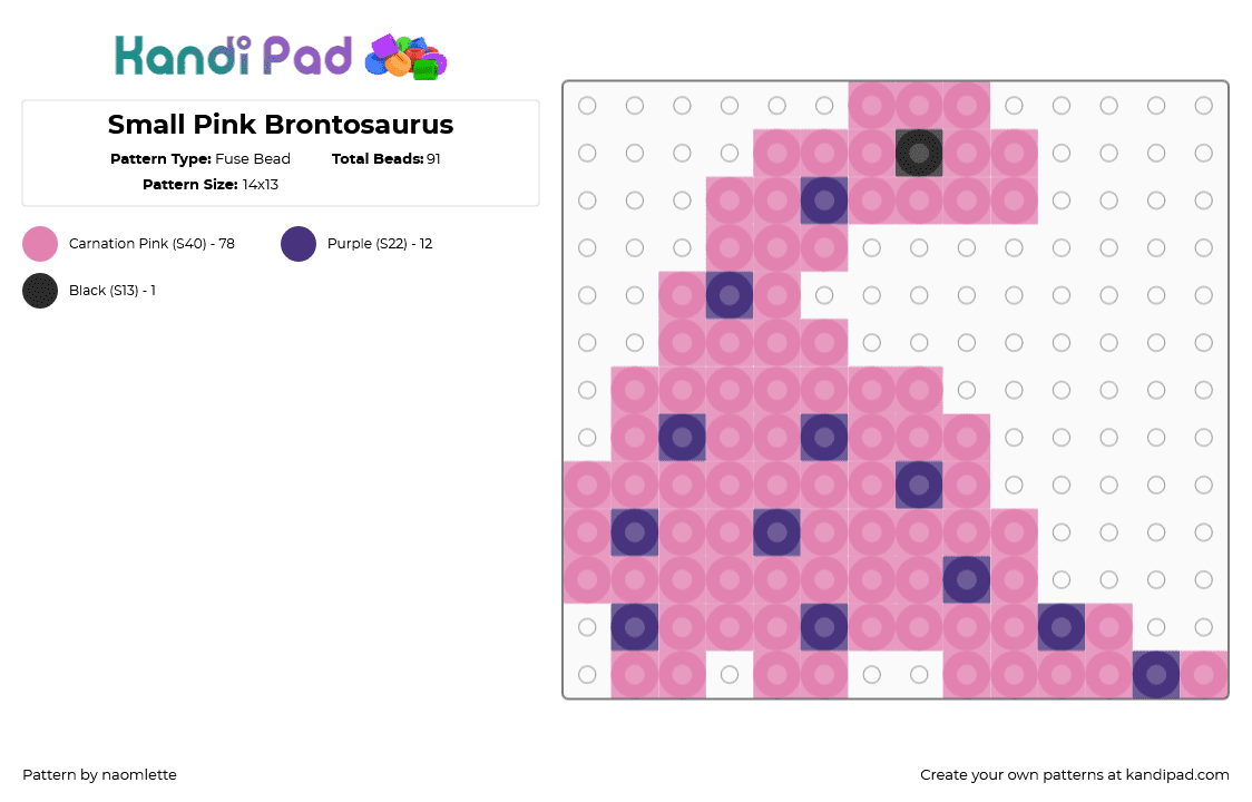 Small Pink Brontosaurus - Fuse Bead Pattern by naomlette on Kandi Pad - pink